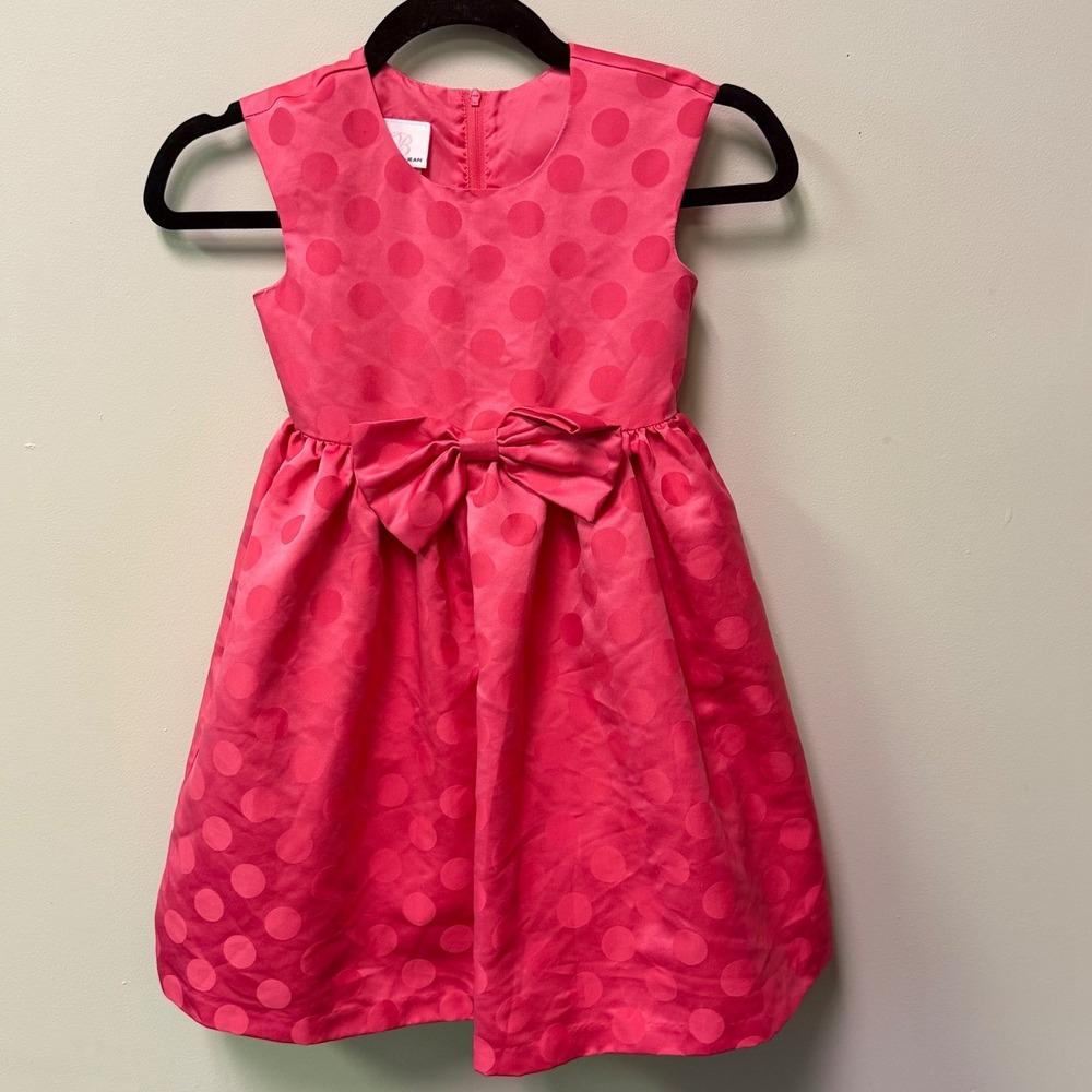 Bonnie Jean Girls Pink Preppy Polka Dot Bow Elegant Semi-Formal Party Dress Sz 6